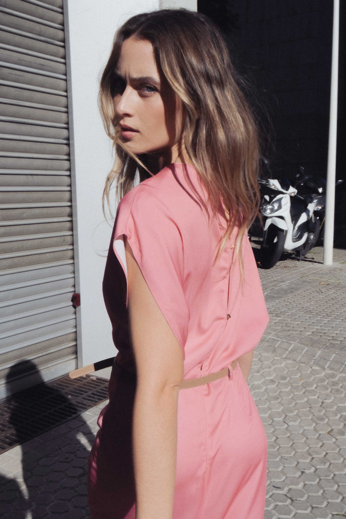 Vestido Midi Rosé de Cetim com Cinto