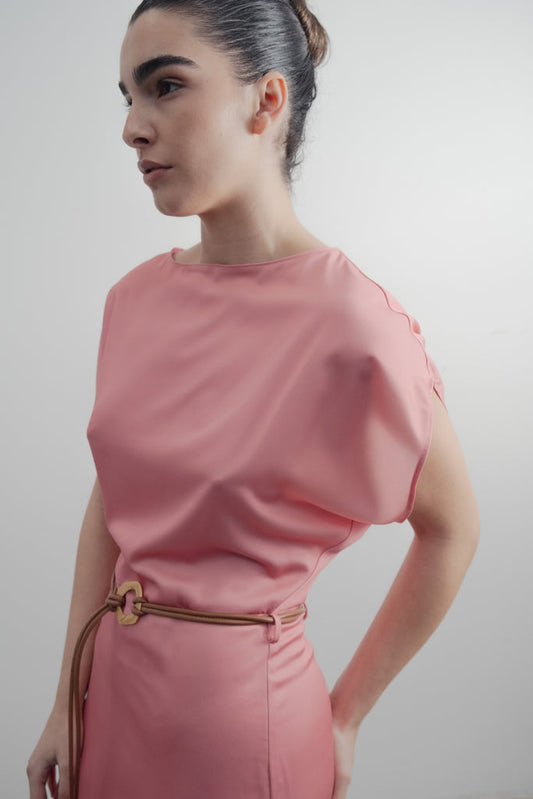 Vestido Midi Rosé de Cetim com Cinto