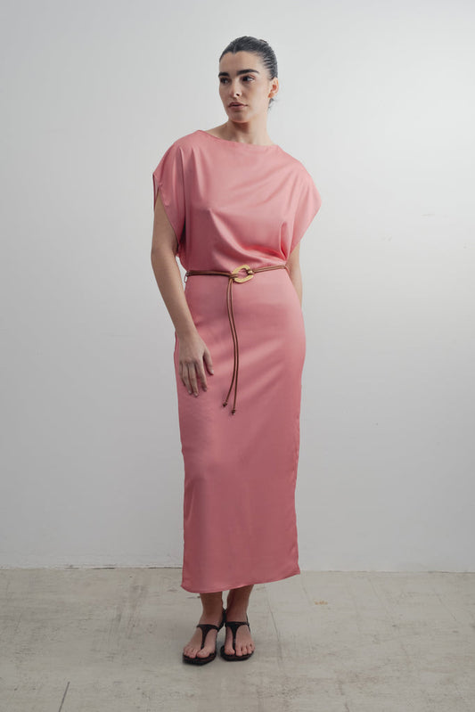 Vestido Midi Rosé de Cetim com Cinto