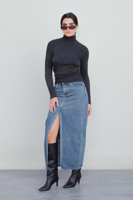 Saia Longa em Jeans com Fenda