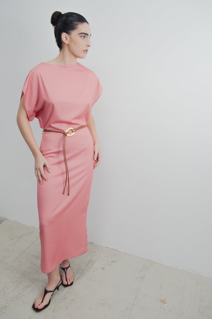 Vestido Midi Rosé de Cetim com Cinto