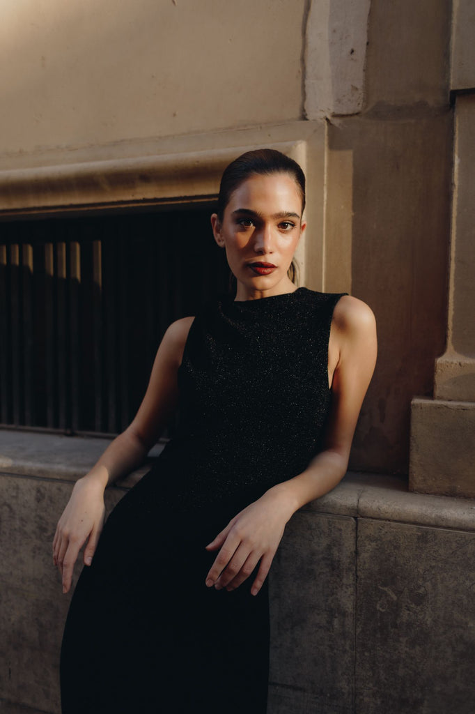 Vestido em Malha Lurex com Nó