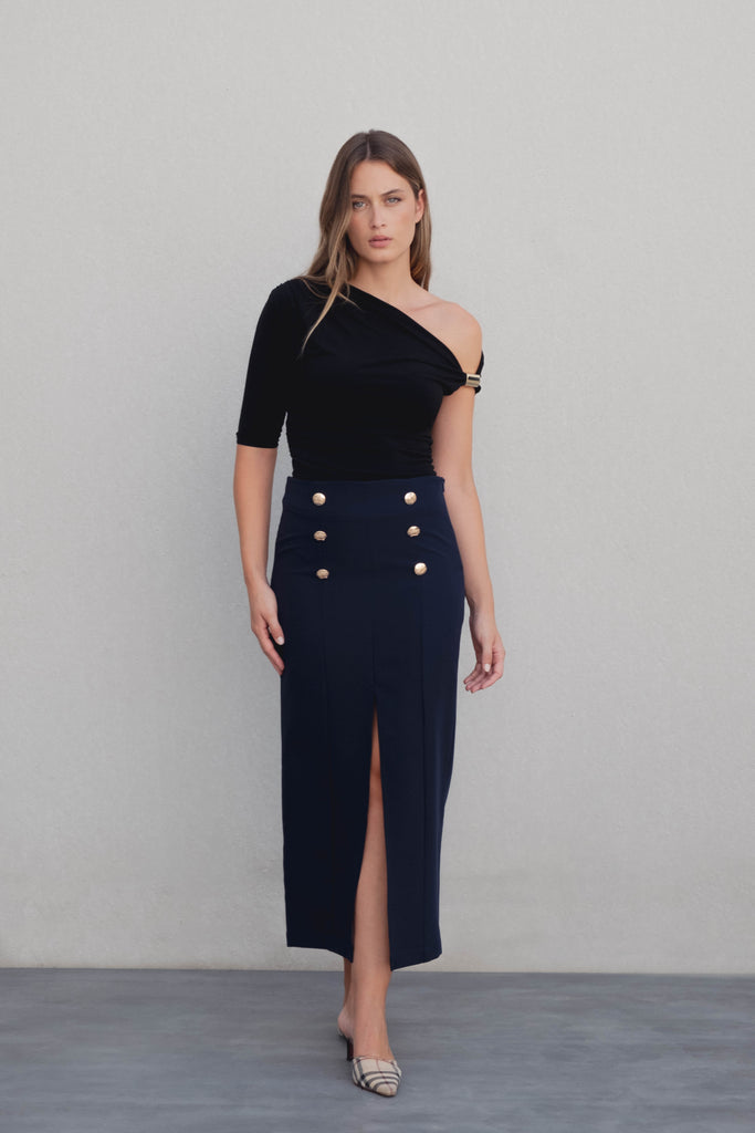 Saia Midi com Botões Dourados