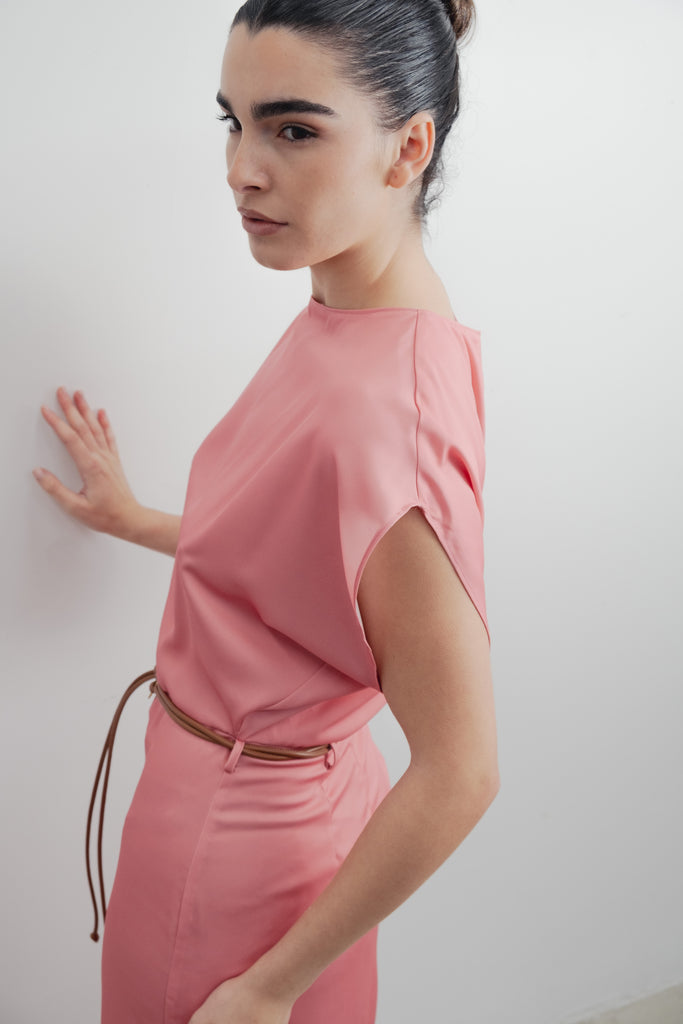 Vestido Midi Rosé de Cetim com Cinto