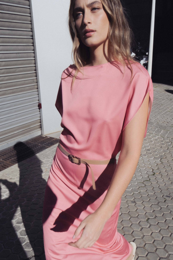 Vestido Midi Rosé de Cetim com Cinto
